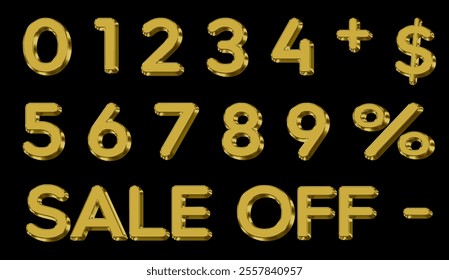 Golden Number 3D Style Font. one to Nine Isolated Letters. Birthday golden numbers Vector design elements. Golden numbers set. Vector 3d illustration. Realistic shiny characters.