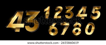 Golden Number 3D Style Font. One to Nine Isolated Letters. Birthday golden numbers Vector design elements. Golden Shiny numbers set. Vector 3d illustration. Realistic shiny characters. 