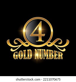 Golden Number 4 Logo Vector Sign in black background with gold shine effect for luxury numerical number 4 icon