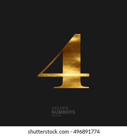 Golden number 4. Typographic vector element for design. Part of glow golden painted alphabet. Digit four with golden paint texture. Vector illustration