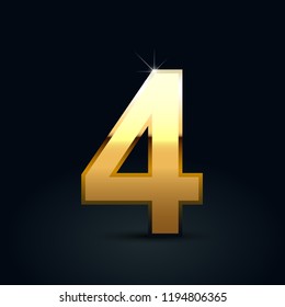 Golden number 4. Vector font isolated on black background