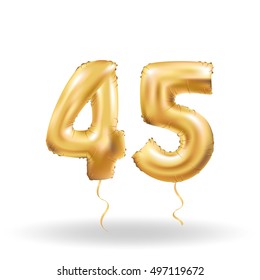 Golden number 45 forty five metallic balloon. Party decoration golden balloons. Anniversary sign for happy holiday, celebration, birthday, carnival, new year. Metallic design balloon.