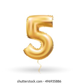 Golden number 5 five metallic balloon. Party decoration golden balloons. Anniversary sign for happy holiday, celebration, birthday, carnival, new year. Metallic design balloon.