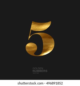 Golden number 5. Typographic vector element for design. Part of glow golden painted alphabet. Digit five with golden paint texture. Vector illustration