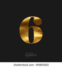 Golden number 6. Typographic vector element for design. Part of glow golden painted alphabet. Digit six with golden paint texture. Vector illustration