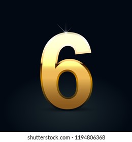 Golden number 6. Vector font isolated on black background