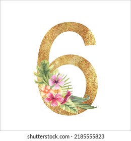 Golden number 6 with with a watercolor bouquet of tropical leaves and flowers on a white isolated background. Hand-drawn vector illustration