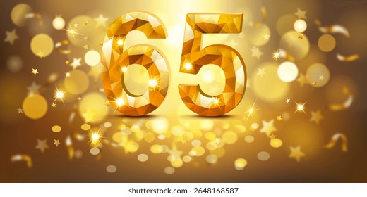 Número dourado 65 com uma aparência facetada, semelhante a uma gema, colocado contra um fundo quente e dourado preenchido com luzes bokeh suaves e estrelas douradas dispersas, criando uma atmosfera festiva e comemorativa.