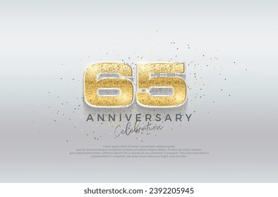 Golden number 65th. Premium design with luxurious gold glitter. Premium vector for poster, banner, celebration greeting.