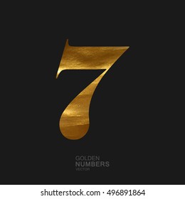 Golden number 7. Typographic vector element for design. Part of glow golden painted alphabet. Digit seven with golden paint texture. Vector illustration