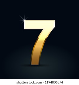 Golden number 7. Vector font isolated on black background