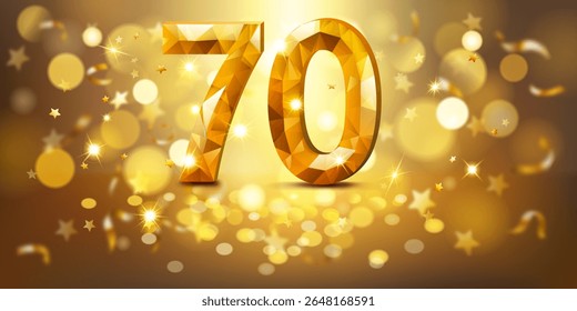 Número dourado 70 com uma aparência facetada, semelhante a uma gema, colocado contra um fundo quente e dourado preenchido com luzes bokeh suaves e estrelas douradas dispersas, criando uma atmosfera festiva e comemorativa.