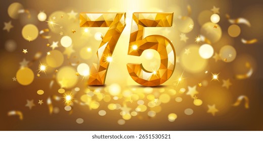 Número dourado 75 com uma aparência facetada, semelhante a uma gema, colocado contra um fundo quente e dourado preenchido com luzes bokeh suaves e estrelas douradas dispersas, criando uma atmosfera festiva e comemorativa.