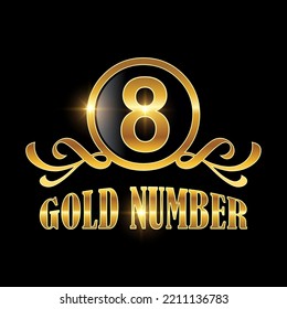 Vector con logotipo Golden Numero 8 Signo en fondo negro con efecto de brillo dorado para el icono de lujo número 8