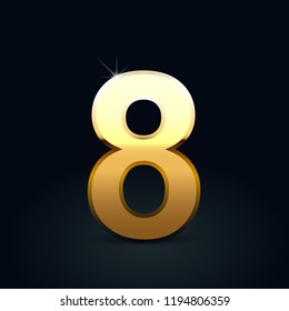 Golden number 8. Vector font isolated on black background