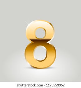 Golden number 8. Vector font isolated on white background