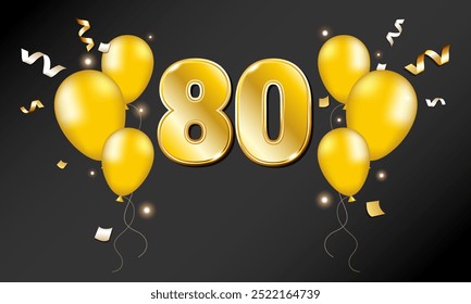 The golden number 80 on a black background with golden balls and streamers.