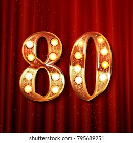 golden number - 80. Vector illustration On the background of a red curtain