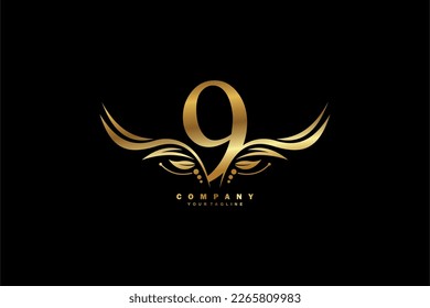 diseño del logo dorado número 9 con adorno de plumas en forma de ala. emblema de monograma, logotipo de tipografía. letras iniciales. adecuado para logotipos de empresas, empresas, cumpleaños, cumpleaños, aniversarios, etc