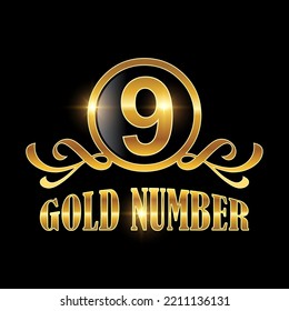 Golden Number 9 Logo Vectorzeichen auf schwarzem Hintergrund mit goldglänzender Wirkung für das Symbol 9 der Luxusmarke