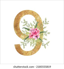 Golden number 9 with with a watercolor bouquet of tropical leaves and flowers on a white isolated background. Hand-drawn vector illustration.
