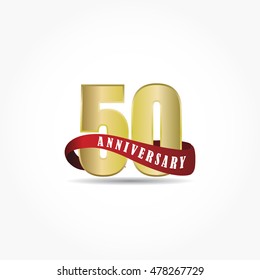 golden number anniversary logo vector with red ribbon below