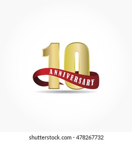 golden number anniversary logo vector with red ribbon below