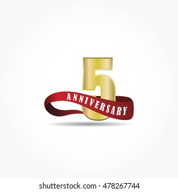 golden number anniversary logo vector with red ribbon below