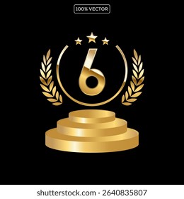 Golden Number Award on Podium Stage. Number Ranking 6. Vector Illustration