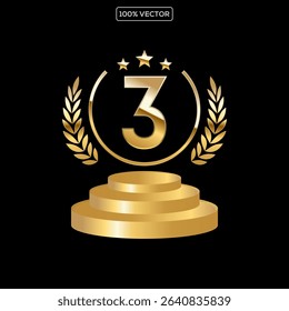 Golden Number Award on Podium Stage. Number Ranking 3. Vector Illustration