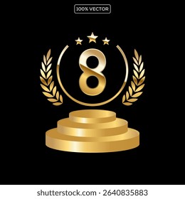 Golden Number Award on Podium Stage. Number Ranking 8. Vector Illustration
