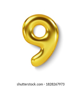 Golden Number Balloon 9 Nine. Vector realistic 3d gold shiny character. Isolated decoration element for party, birthday, anniversary and wedding