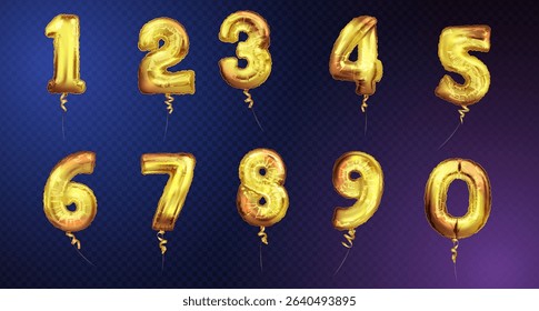 Golden Number Balloons 0 to 9. Foil and latex balloons. Helium ballons. Party, birthday, celebrate anniversary and wedding.