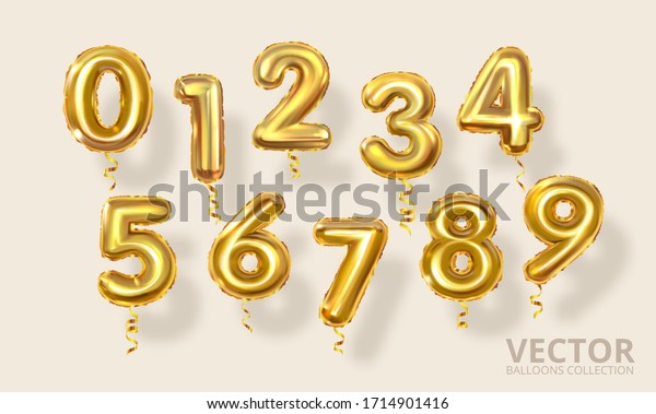 Golden Number Balloons 0 to 9. Realistic 3d\
render air balloon. Helium balloons. Party, birthday, celebrate\
anniversary and wedding. Realistic design elements. Festive set\
isolated. Vector\
illustratio