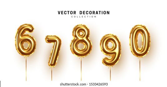 Golden Number Balloons. Foil and latex balloons. Helium ballons. Party, birthday, celebrate anniversary and wedding. Realistic design elements. Festive 3d render, set isolated. vector illustration