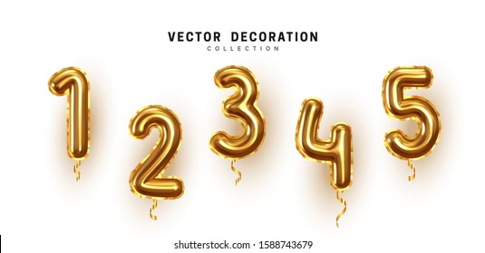 Golden Number Balloons. Foil and latex balloons. Helium ballons. Party, birthday, celebrate anniversary and wedding. Realistic design elements. Festive 3d render, set isolated. vector illustration