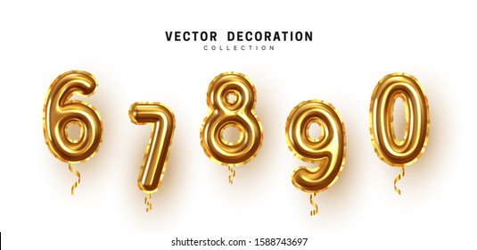 Golden Number Balloons. Foil and latex balloons. Helium ballons. Party, birthday, celebrate anniversary and wedding. Realistic design elements. Festive 3d render, set isolated. vector illustration