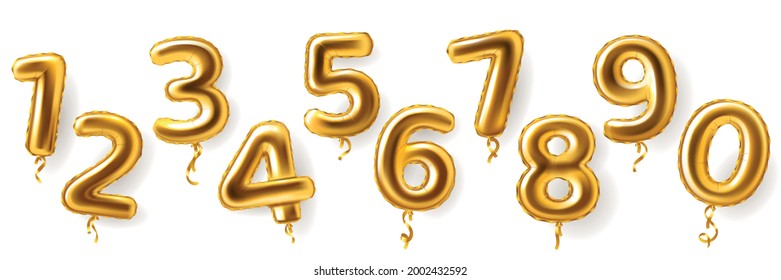 Golden number balloons. Realistic metal air party decor. Anniversary celebration numeral shapes from zero to nine. 3D festive events greeting inflatable metallic figures, vector set