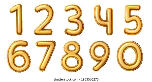 Golden number balloons. Realistic numeral alphabeth for birthday, anniversary or new year celebration. Gold foil balloon 0 to 9 vector set for age or date. Festive and glossy decoration