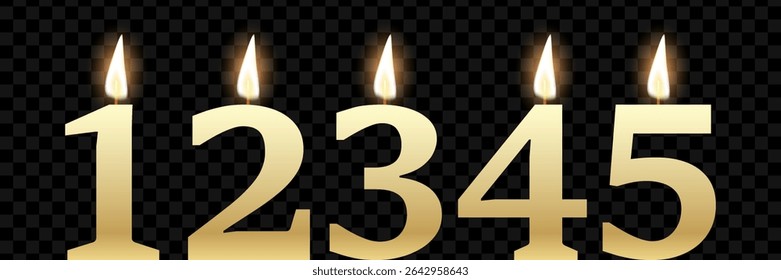 Golden Number Candles 1 to 5 with Glowing Flames on Transparent Background – Realistic Birthday Candle Set for Celebration, Anniversary, Party Decoration, or Event Design Use.