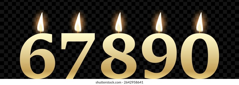 Golden Number Candles 6 to 0 with Glowing Flames on Transparent Background – Realistic Birthday Candle Set for Celebration, Anniversary, Party Decoration, or Event Design Use


