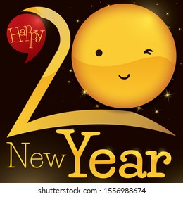 Golden number, cute face winking at you and apostrophe like speech balloon wishing a happy New Year 2020.