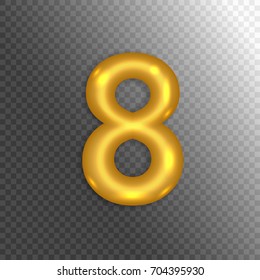 Golden number eight 8 isolated on transparent background. Anniversary sign for happy holiday, celebration, birthday, carnival, new year. Vector illustration.
