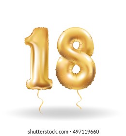 Golden number eighteen metallic balloon. Party decoration golden balloons. Anniversary sign for happy holiday, celebration, birthday, carnival, new year. Metallic design balloon.