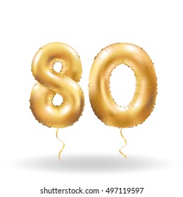 Golden number eighty metallic balloon. Party decoration golden balloons. Anniversary sign for happy holiday, celebration, birthday, carnival, new year. Metallic design balloon.