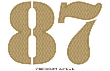 Golden Number Eighty Seven With 3D Pattern Vector Illustration. Number 87 With Geometric Texture Isolated On White Background
