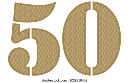 Golden Número Cincuenta Con Ilustración Del Vector De Patrón 3D. Número 50 Con Textura Geométrica Aislada En Fondo Blanco
