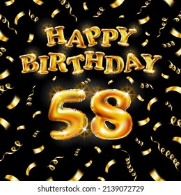 Golden number fifty eight metallic balloon. Happy Birthday message made of golden inflatable balloon. 58 number letters on black background. fly gold ribbons with confetti. vector illustration