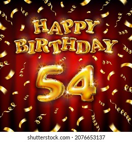 Golden number fifty three years metallic balloon. Happy Birthday message made of golden inflatable balloon. 53 number etters on red background. fly gold ribbons with confetti. vector illustration art