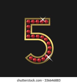 Golden number five symbol with red jewels. Luxury, royal concept. Vector illustration
